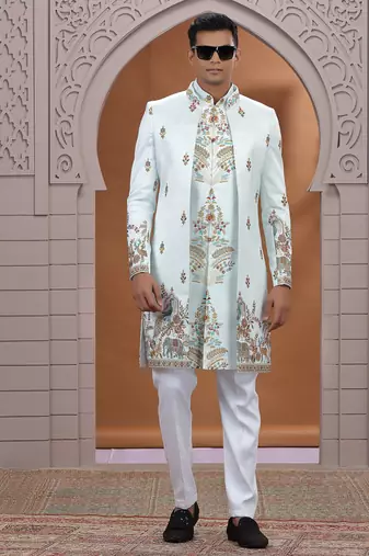 art silk light green wedding wear embroidery work readymade indo western