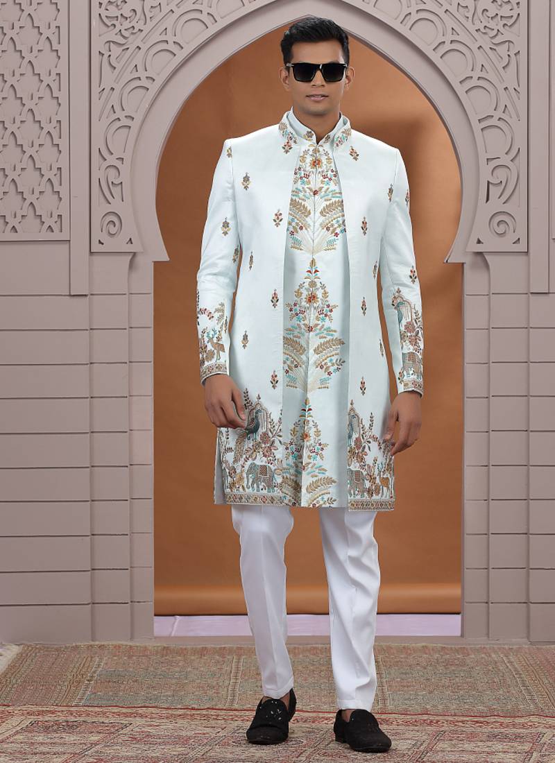 art silk light green wedding wear embroidery work readymade indo western