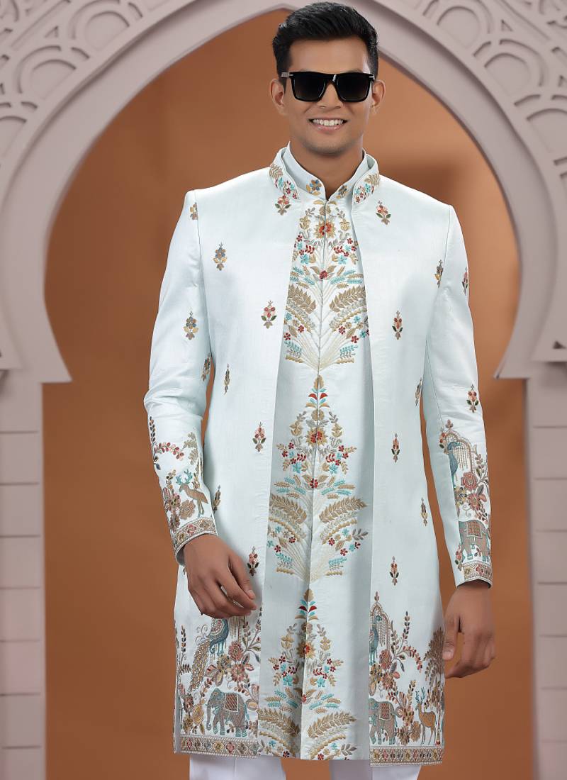 art silk light green wedding wear embroidery work readymade indo western