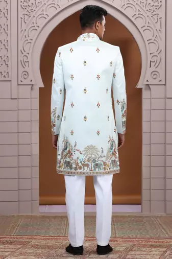 art silk light green wedding wear embroidery work readymade indo western