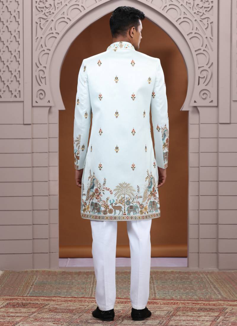 art silk light green wedding wear embroidery work readymade indo western