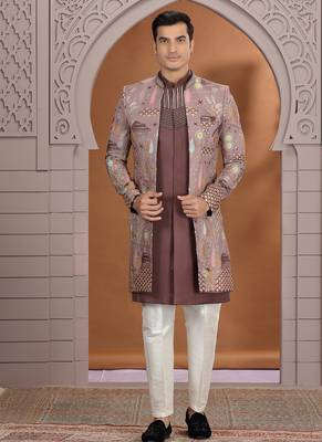 art silk brown wedding wear embroidery work readymade indo western 1
