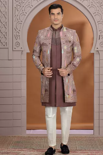 art silk brown wedding wear embroidery work readymade indo western