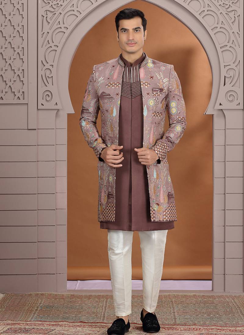 art silk brown wedding wear embroidery work readymade indo western