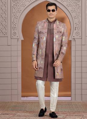 art silk brown wedding wear embroidery work readymade indo western 2
