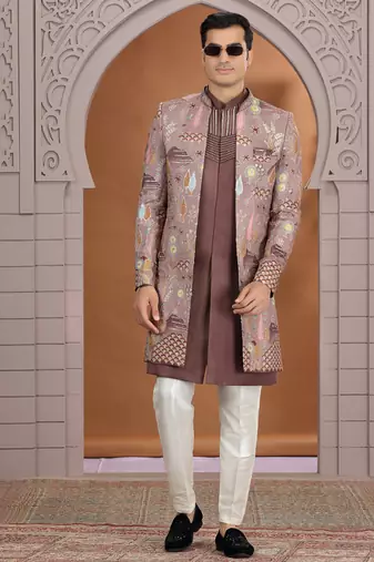 art silk brown wedding wear embroidery work readymade indo western