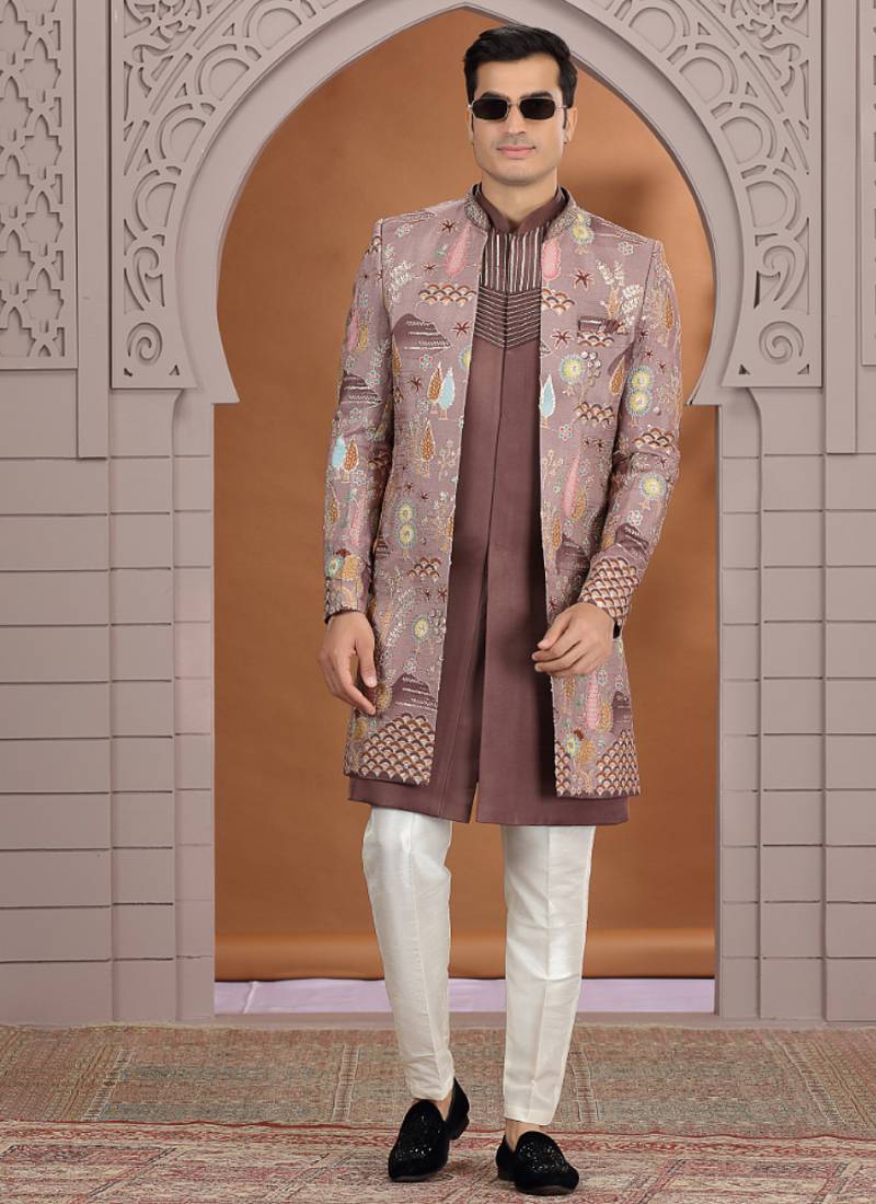 art silk brown wedding wear embroidery work readymade indo western