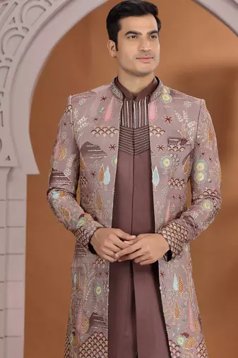 art silk brown wedding wear embroidery work readymade indo western