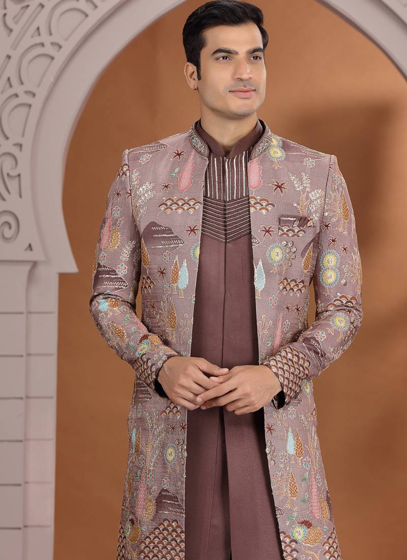 art silk brown wedding wear embroidery work readymade indo western