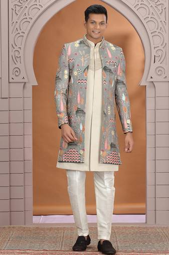 art silk grey wedding wear embroidery work readymade indo western