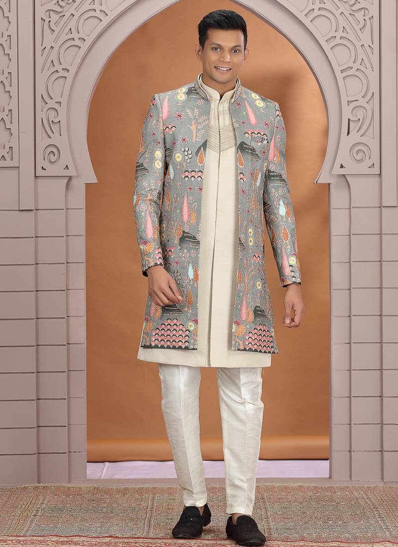 art silk grey wedding wear embroidery work readymade indo western