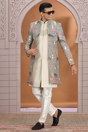 art silk grey wedding wear embroidery work readymade indo western