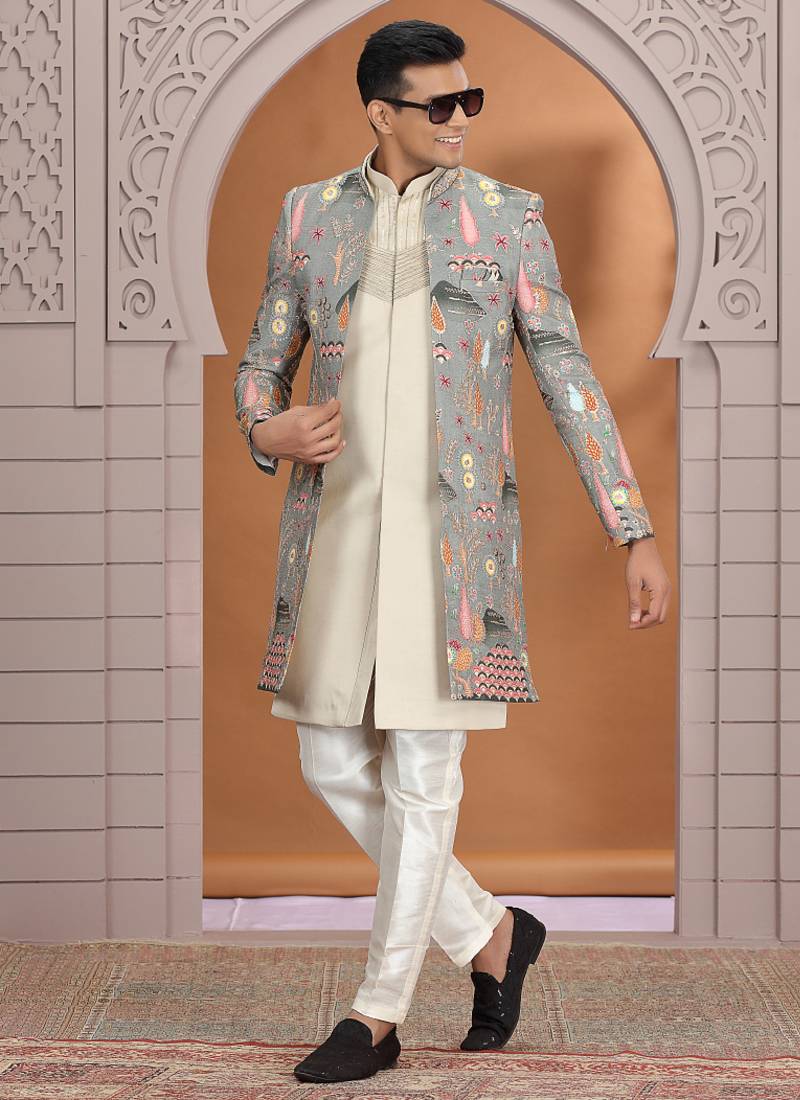 art silk grey wedding wear embroidery work readymade indo western