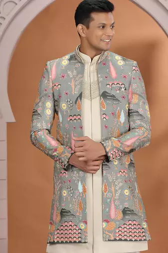 art silk grey wedding wear embroidery work readymade indo western