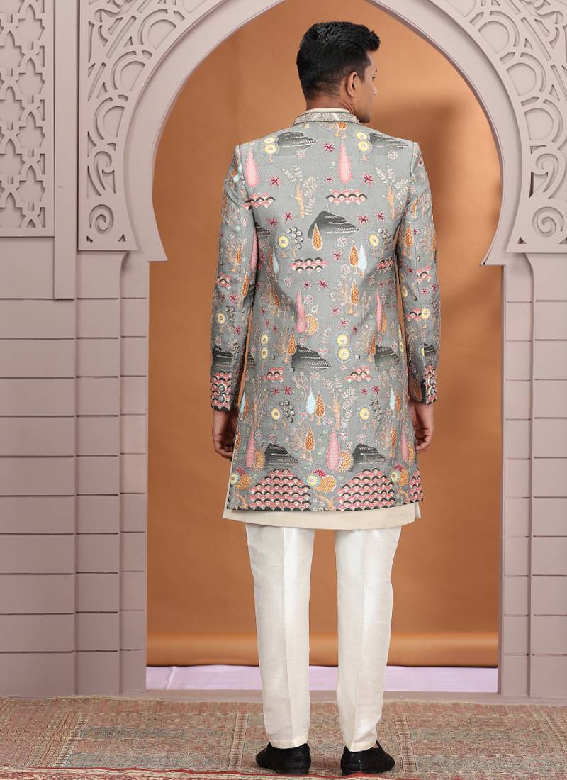 art silk grey wedding wear embroidery work readymade indo western