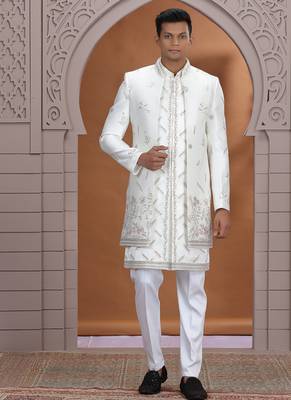 art silk white wedding wear embroidery work readymade indo western 1