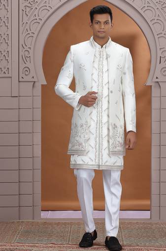 art silk white wedding wear embroidery work readymade indo western