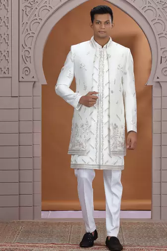 art silk white wedding wear embroidery work readymade indo western