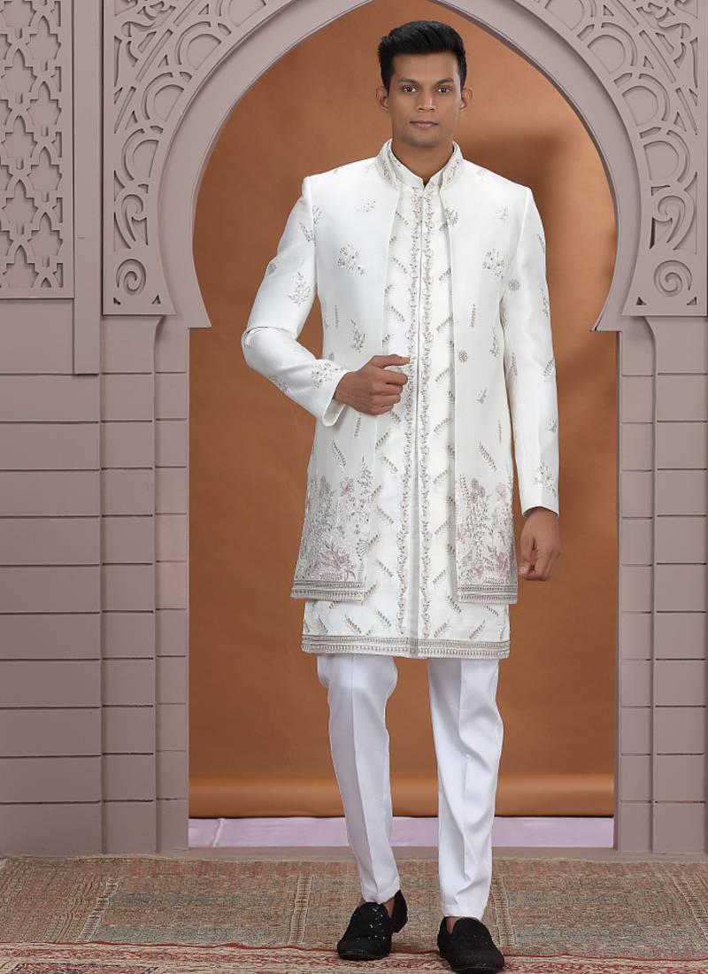 art silk white wedding wear embroidery work readymade indo western