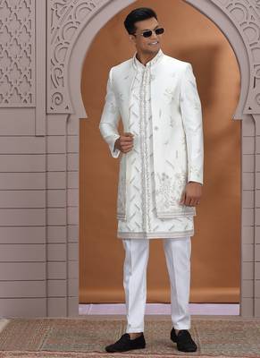 art silk white wedding wear embroidery work readymade indo western 2