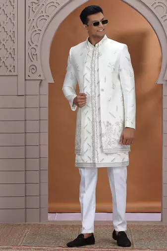 art silk white wedding wear embroidery work readymade indo western