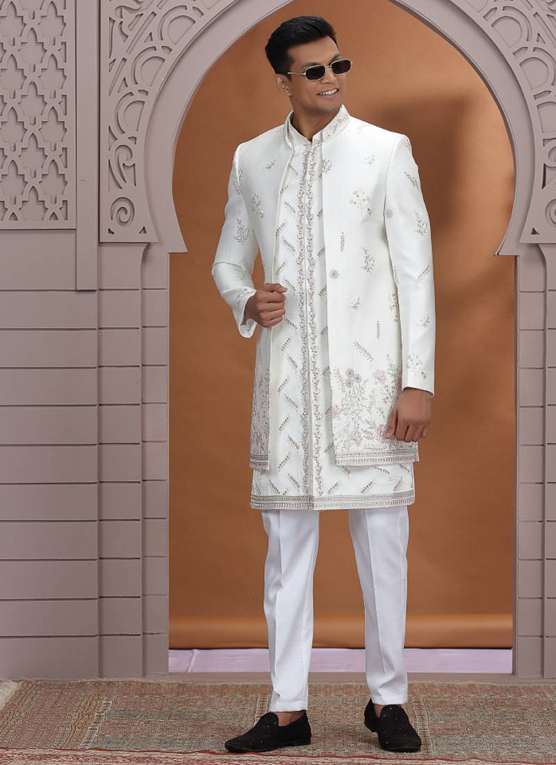 art silk white wedding wear embroidery work readymade indo western