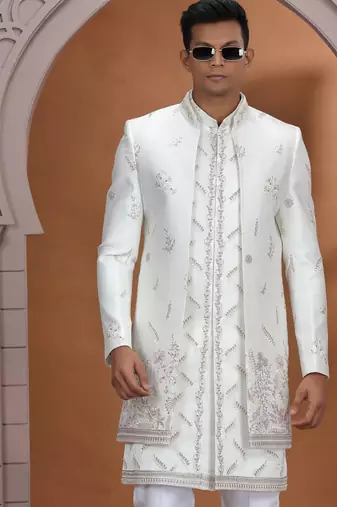 art silk white wedding wear embroidery work readymade indo western