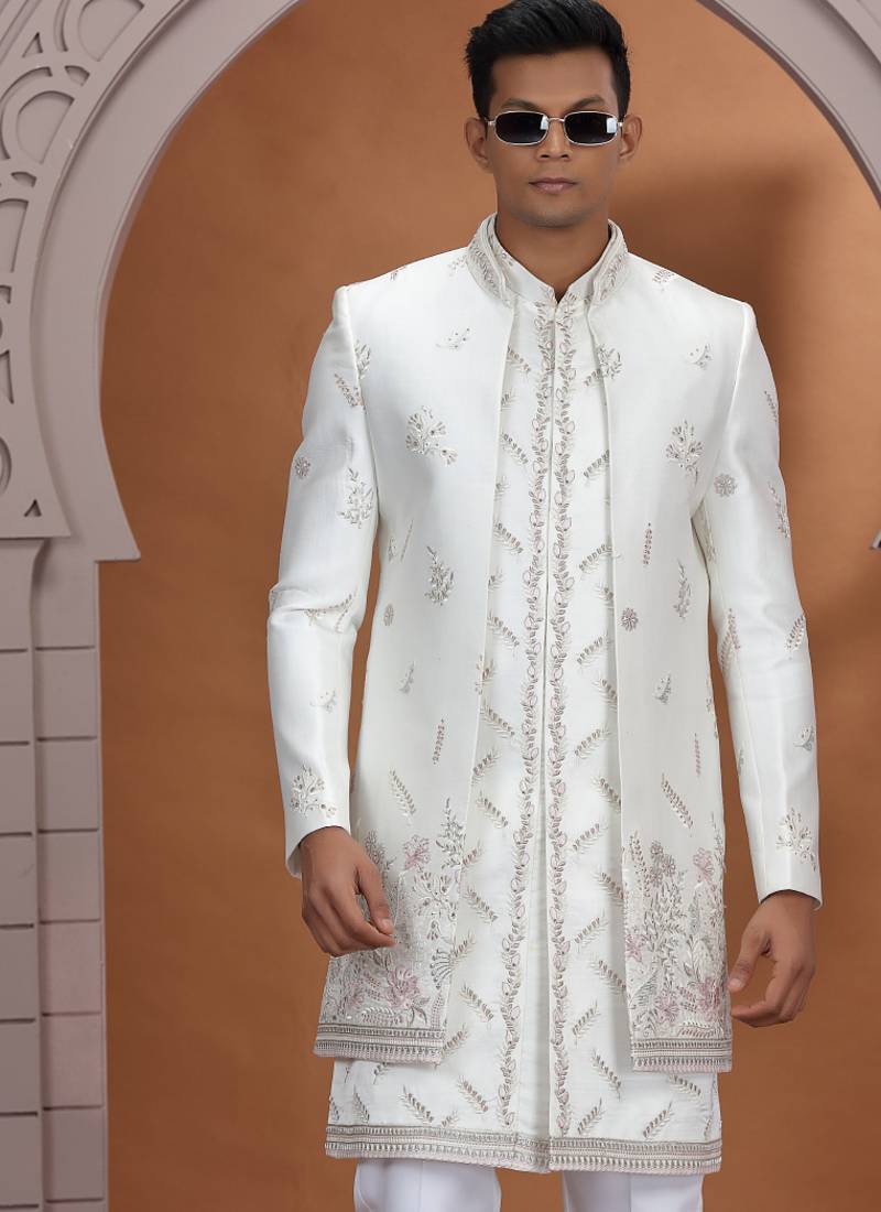 art silk white wedding wear embroidery work readymade indo western