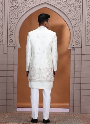 art silk white wedding wear embroidery work readymade indo western 4