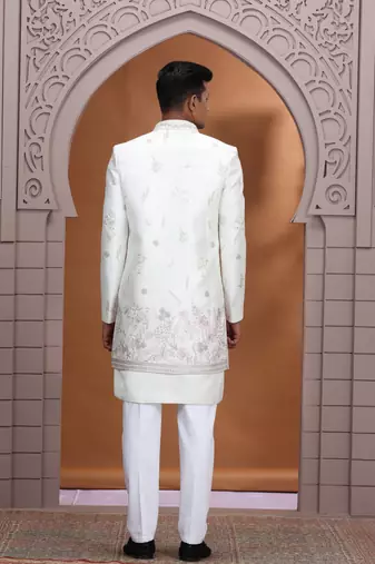 art silk white wedding wear embroidery work readymade indo western