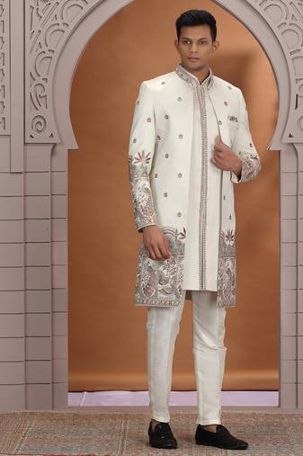 art silk off white wedding wear embroidery work readymade indo western