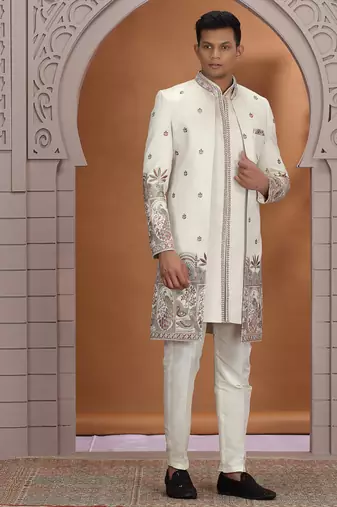 art silk off white wedding wear embroidery work readymade indo western