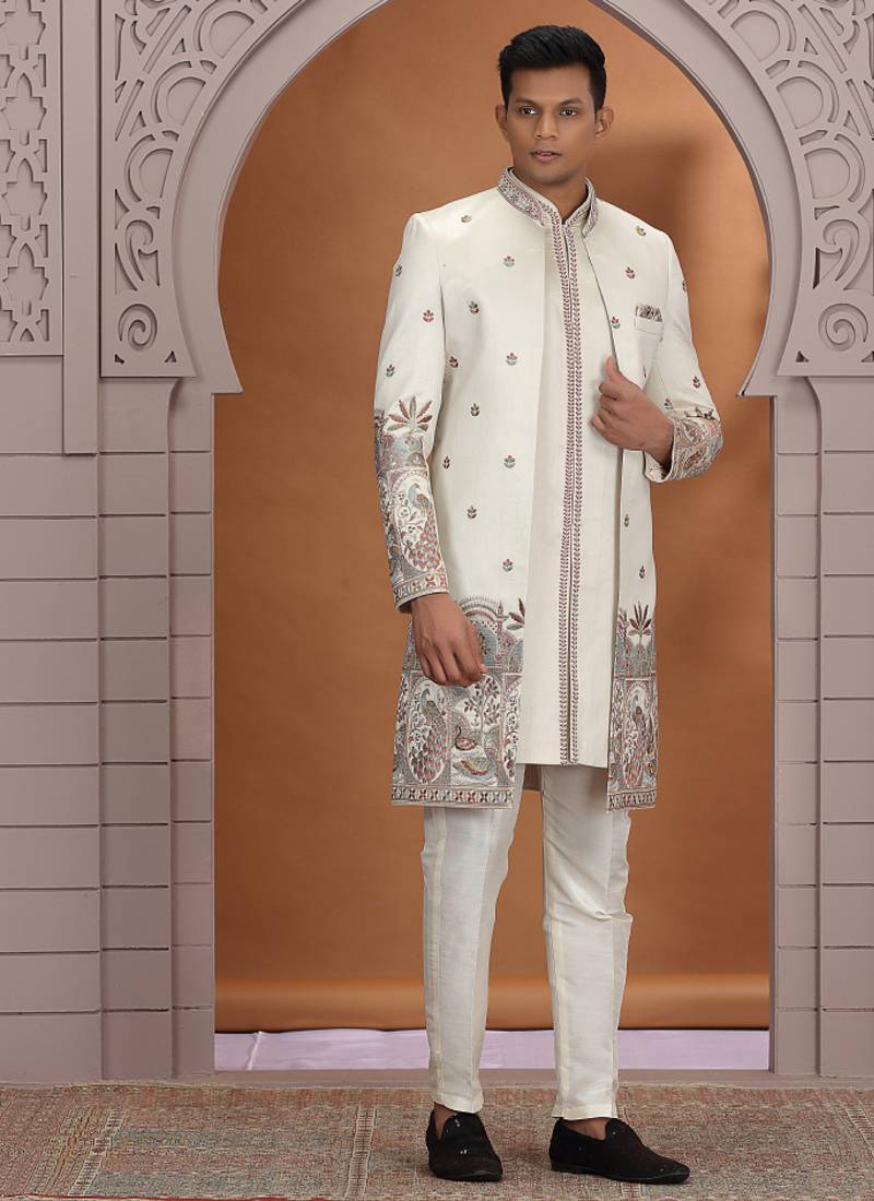 art silk off white wedding wear embroidery work readymade indo western