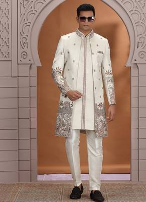 art silk off white wedding wear embroidery work readymade indo western 2