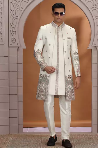 art silk off white wedding wear embroidery work readymade indo western