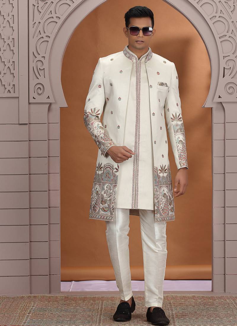 art silk off white wedding wear embroidery work readymade indo western