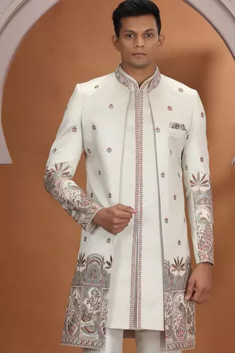 art silk off white wedding wear embroidery work readymade indo western