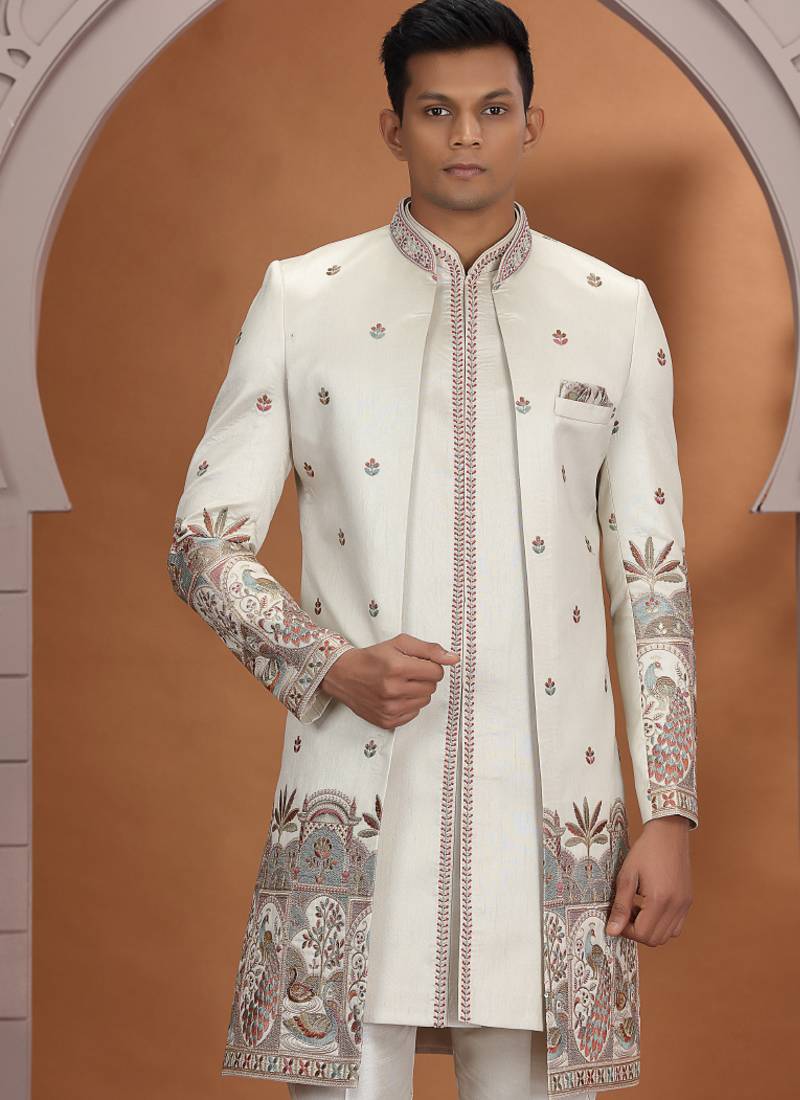 art silk off white wedding wear embroidery work readymade indo western