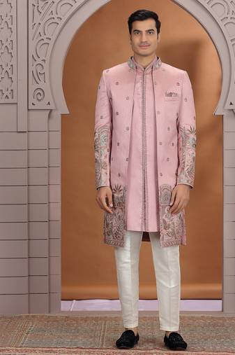 art silk pink wedding wear embroidery work readymade indo western