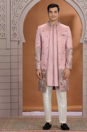 art silk pink wedding wear embroidery work readymade indo western