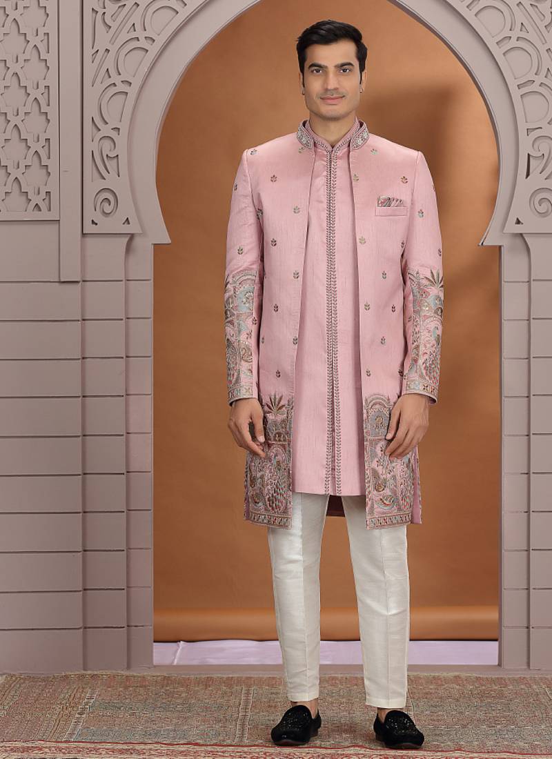 art silk pink wedding wear embroidery work readymade indo western