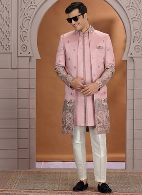 art silk pink wedding wear embroidery work readymade indo western 2