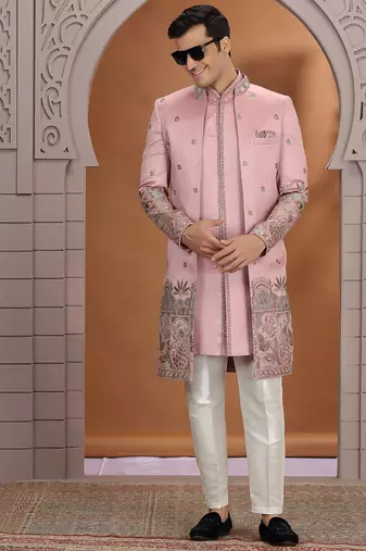 art silk pink wedding wear embroidery work readymade indo western