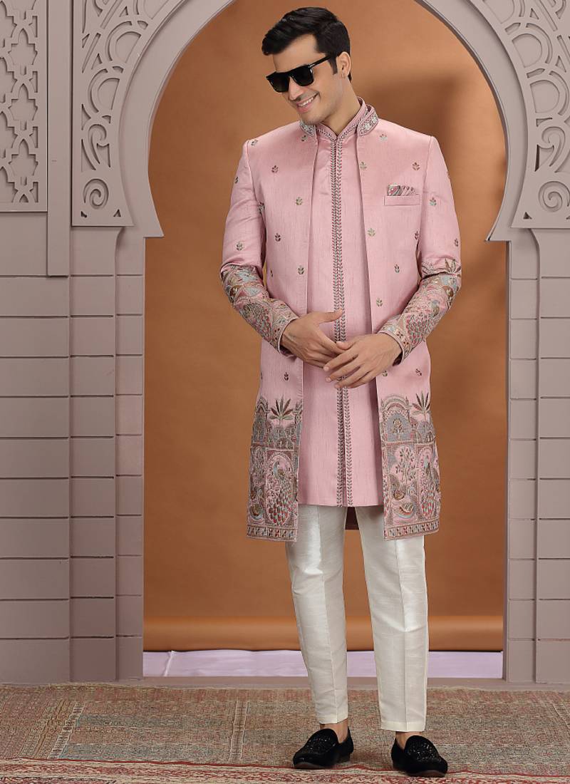 art silk pink wedding wear embroidery work readymade indo western