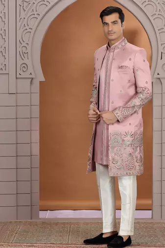 art silk pink wedding wear embroidery work readymade indo western