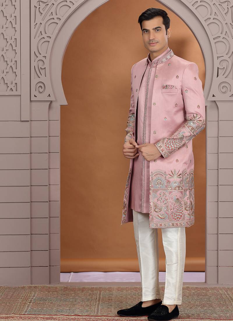 art silk pink wedding wear embroidery work readymade indo western