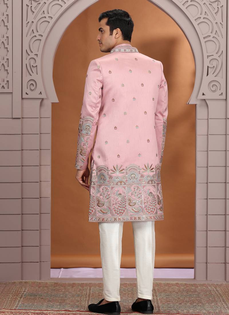 art silk pink wedding wear embroidery work readymade indo western