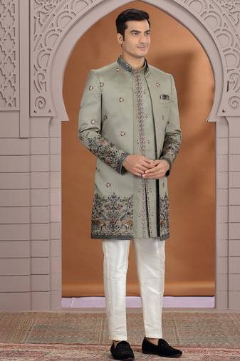 art silk olive green wedding wear embroidery work readymade indo western