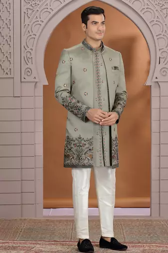 art silk olive green wedding wear embroidery work readymade indo western