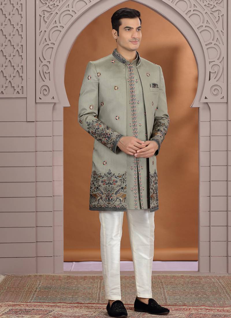 art silk olive green wedding wear embroidery work readymade indo western